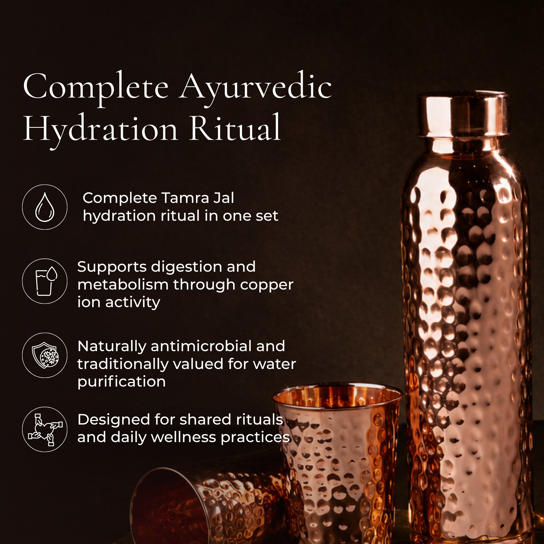 Ayurvedic Drinking Set - Copper Bottle and Cups - Hammered