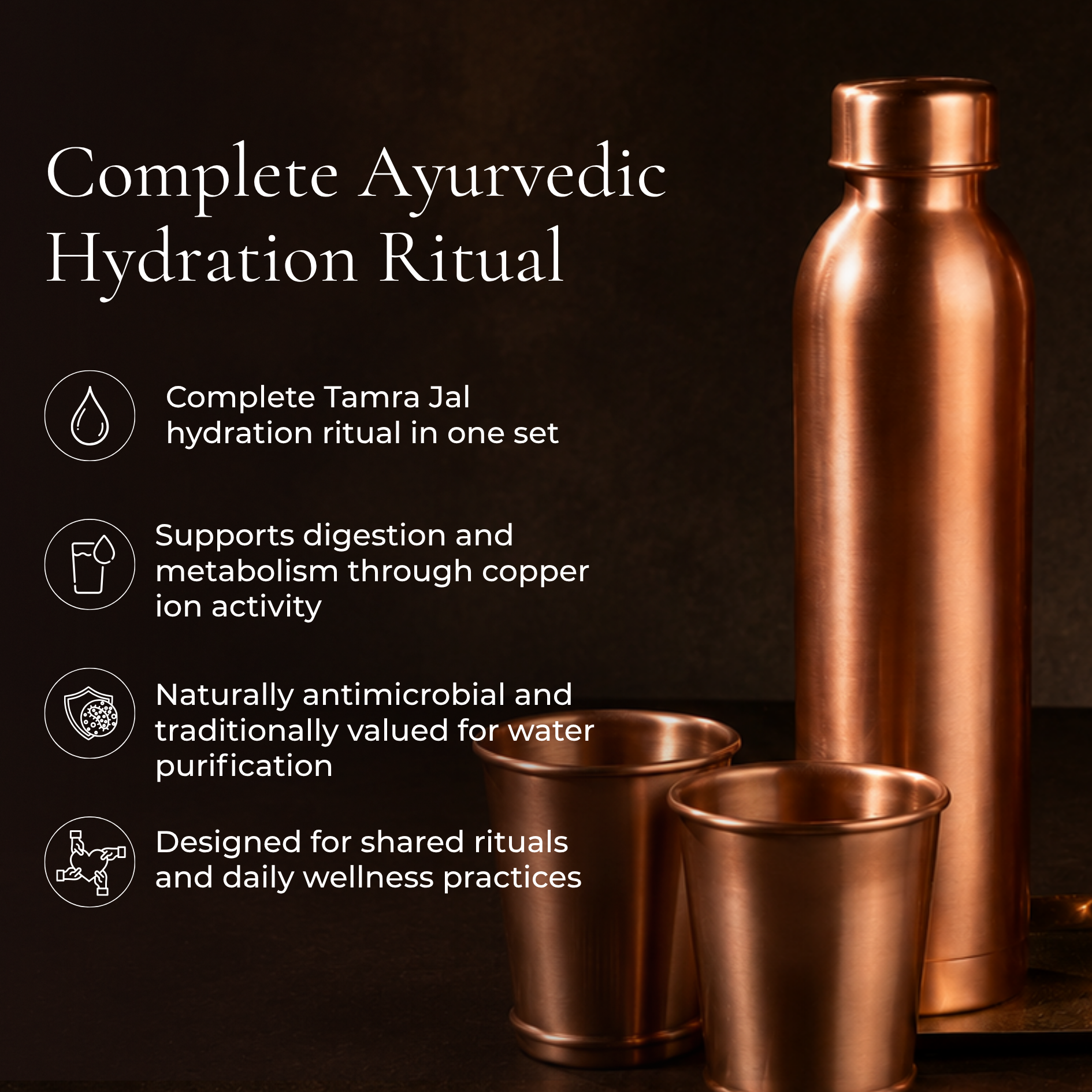 Ayurvedic Drinking Set - Copper Bottle and Cups - Seamless