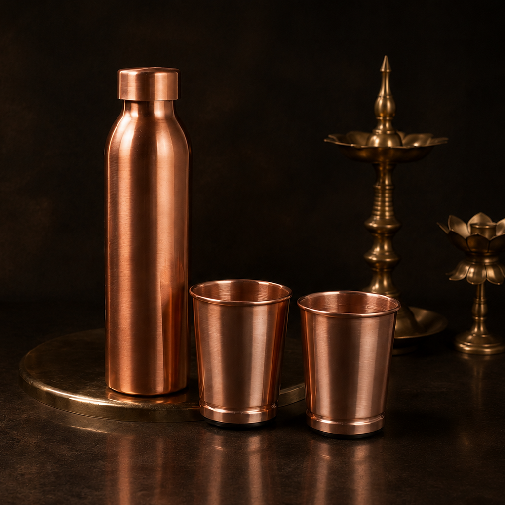Ayurvedic Drinking Set - Copper Bottle and Cups - Seamless
